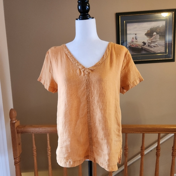 C&C California linen yellow orange short sleeve v-neck strappy tee blouse small - Picture 1 of 10